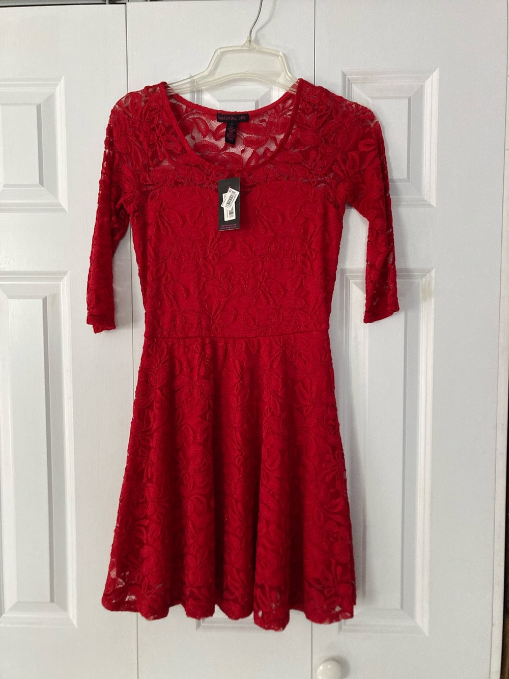 Material Girl Red Lace Fit & Flare Dress with Three-Quarter Sleeves